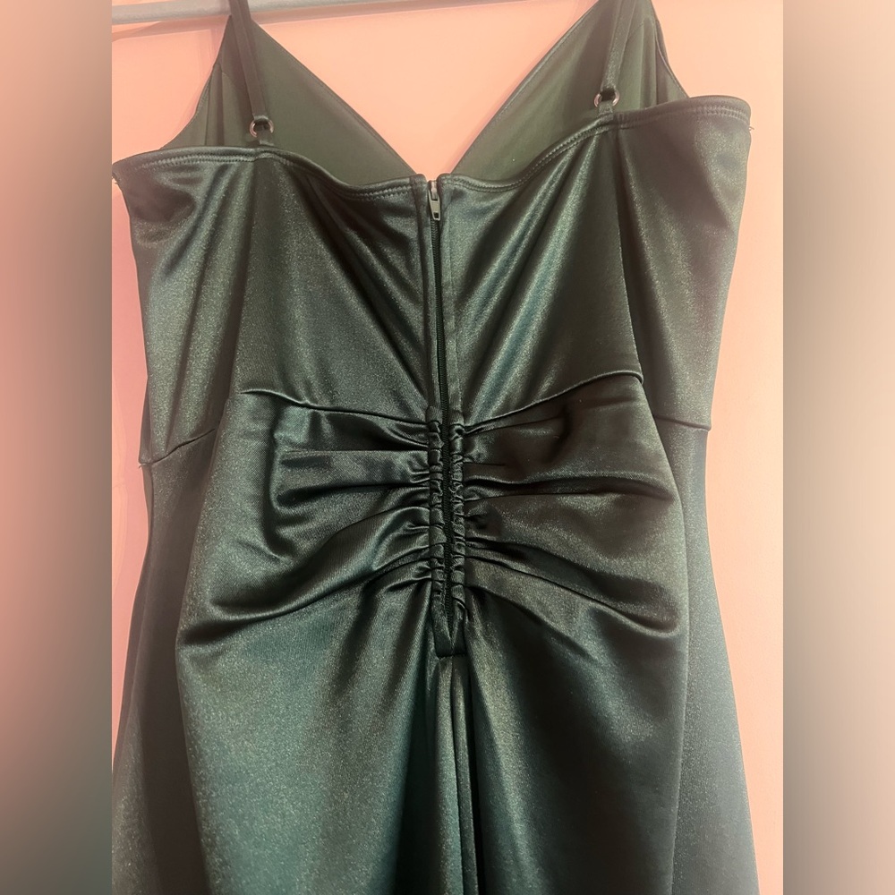 Honey & Rosie Green Evening Gown | Ruching, V Neck, Side Slit & Spaghetti Straps - Picture 8 of 11